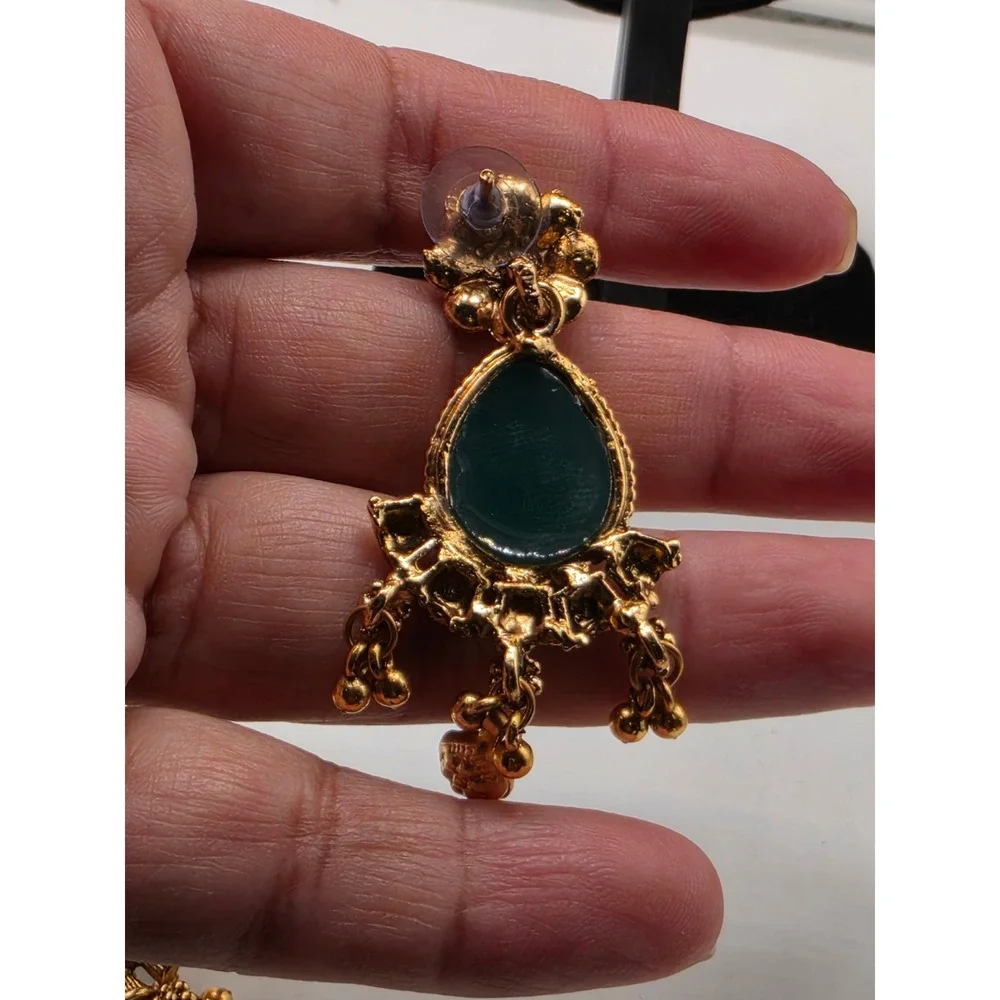 Indian Kundan Style Elephant Necklace Earrings Set Gold Tone Green Red Bridal